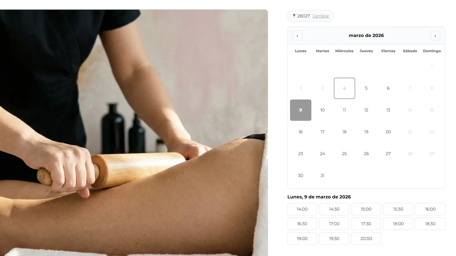 Widget de BookService en una ficha de producto: código postal, calendario y horarios disponibles